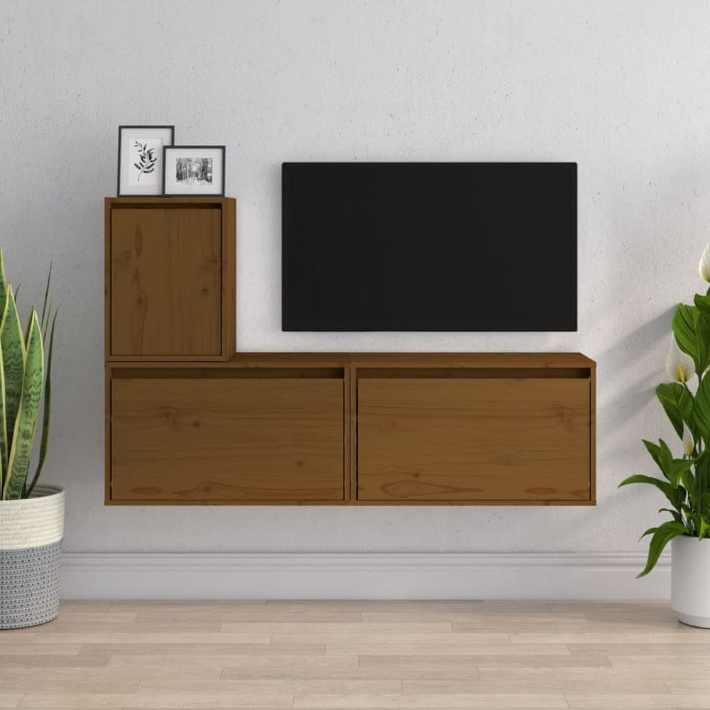Vidaxl TV skrinky, 3 ks, medovo hnedá, masívne borovicové drevo